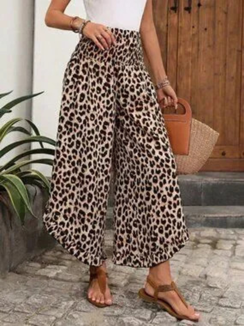 Multicolor Casual Women's Leopard Print ruffled hem Pants